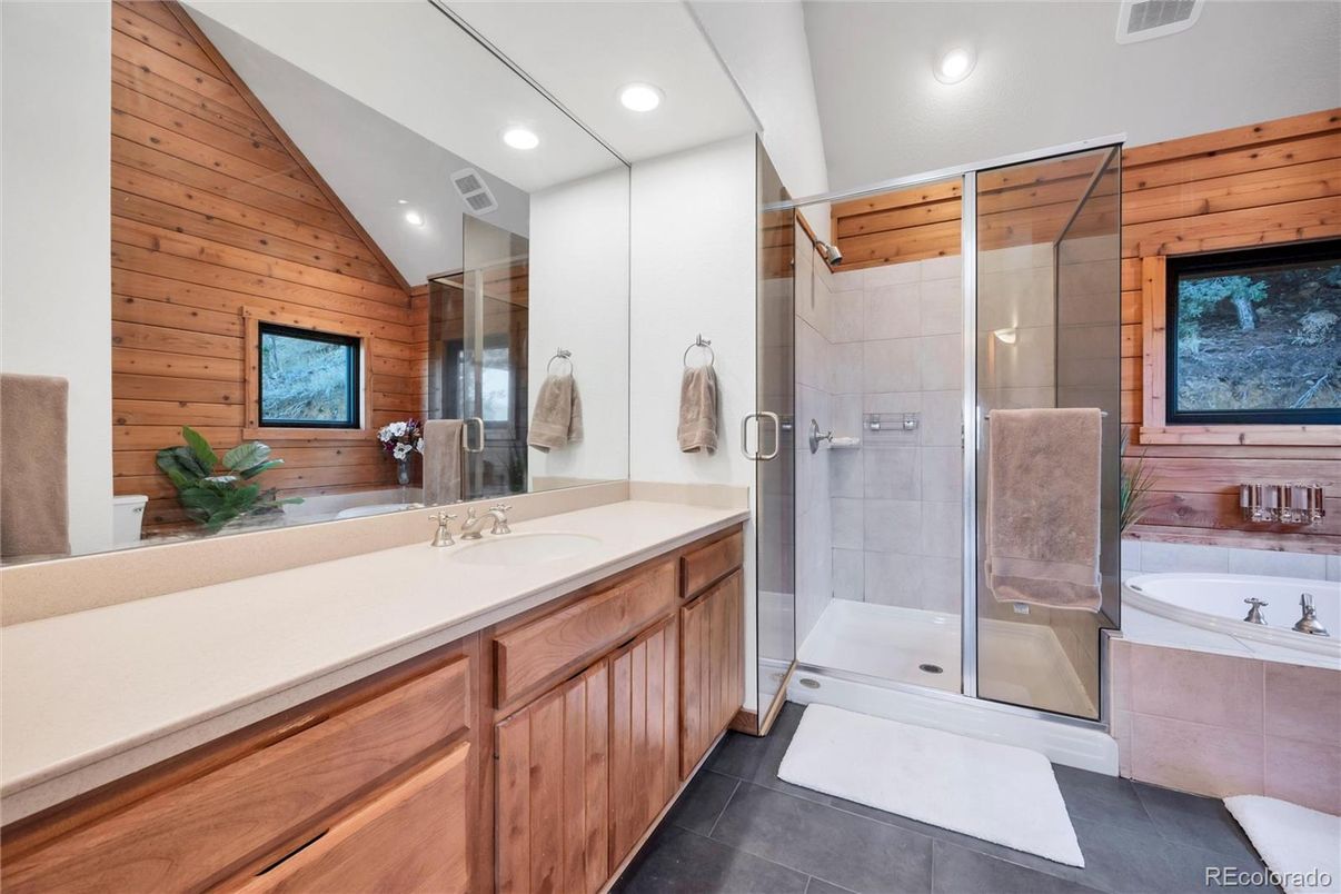 Bathroom, Glass Shower, Interior, Recessed Lighting, Wooden Walls