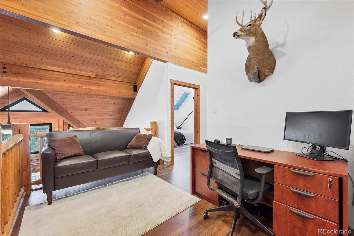 Home Office, Interior, Recessed Lighting, Wooden Ceilings, Wood Texture Flooring