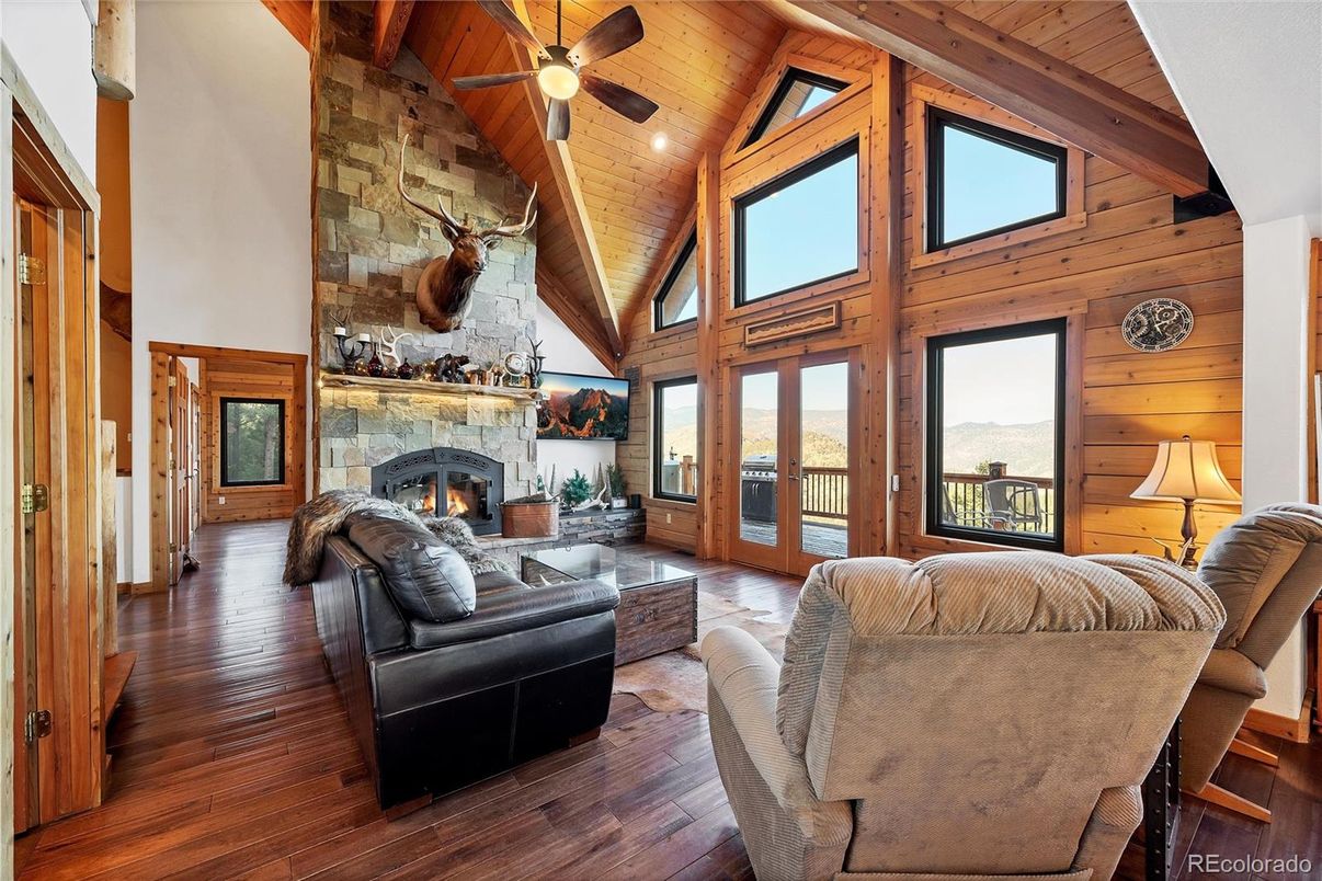 Dining room, Fireplace, Interior, Living room, Stone Walls, Wooden Beams, Wooden Ceilings, Wood Texture Flooring, Wooden Walls