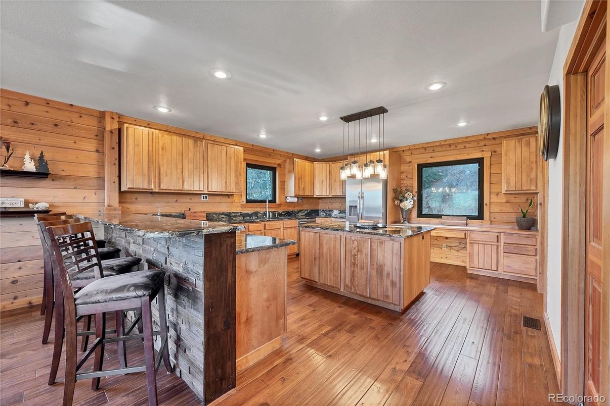 Interior, Kitchen, Pendant Lights, Recessed Lighting, Wood Texture Flooring, Wooden Walls