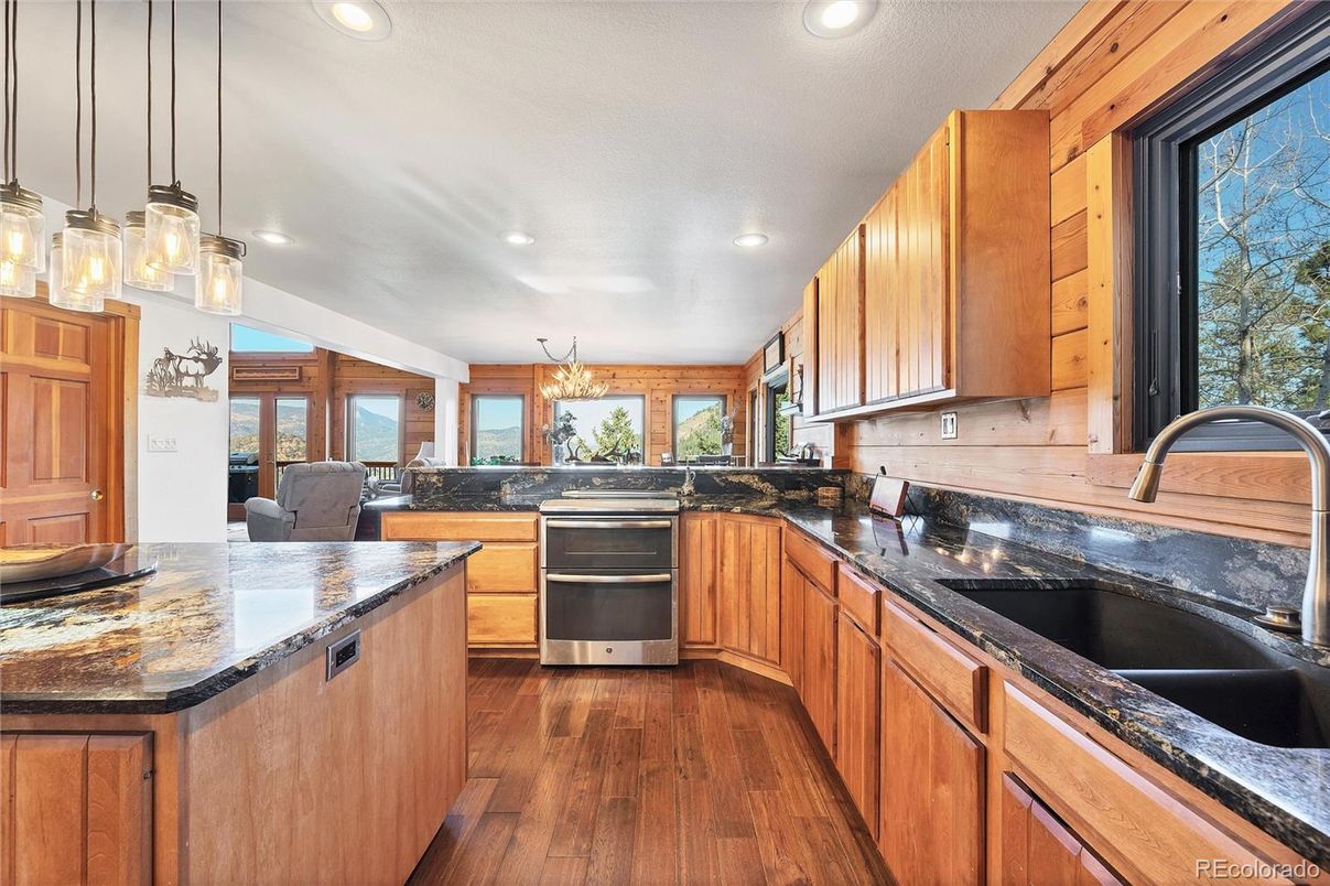 Chandelier, Interior, Kitchen, Pendant Lights, Recessed Lighting, Wood Texture Flooring