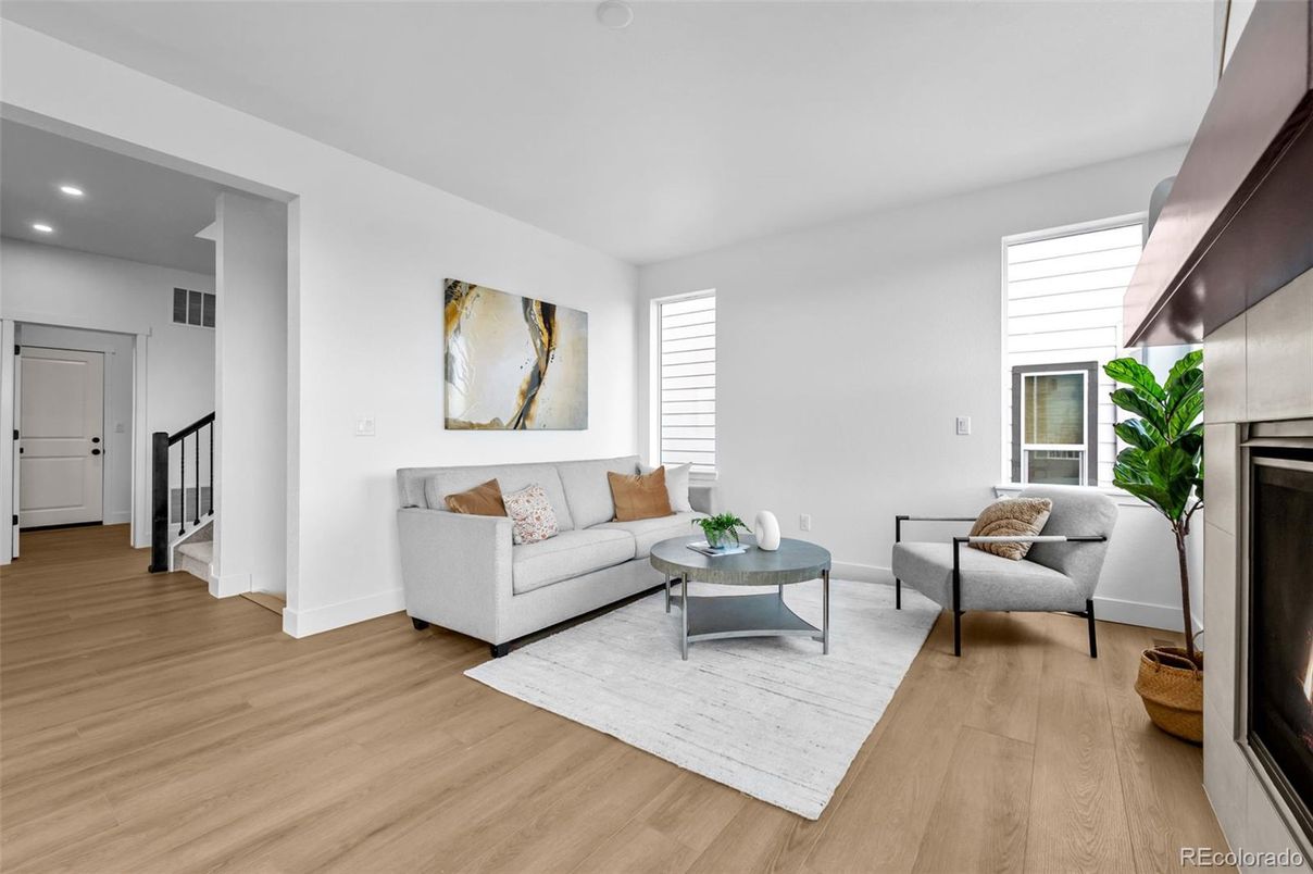 Fireplace, Interior, Living room, Recessed Lighting, Wood Texture Flooring