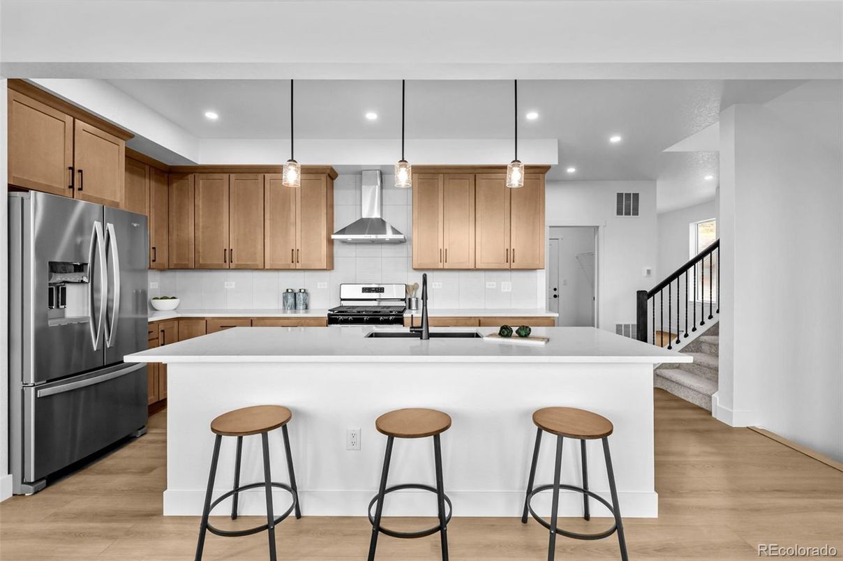 Interior, Kitchen, Pendant Lights, Recessed Lighting, Stainless Steel Appliances, Wood Texture Flooring