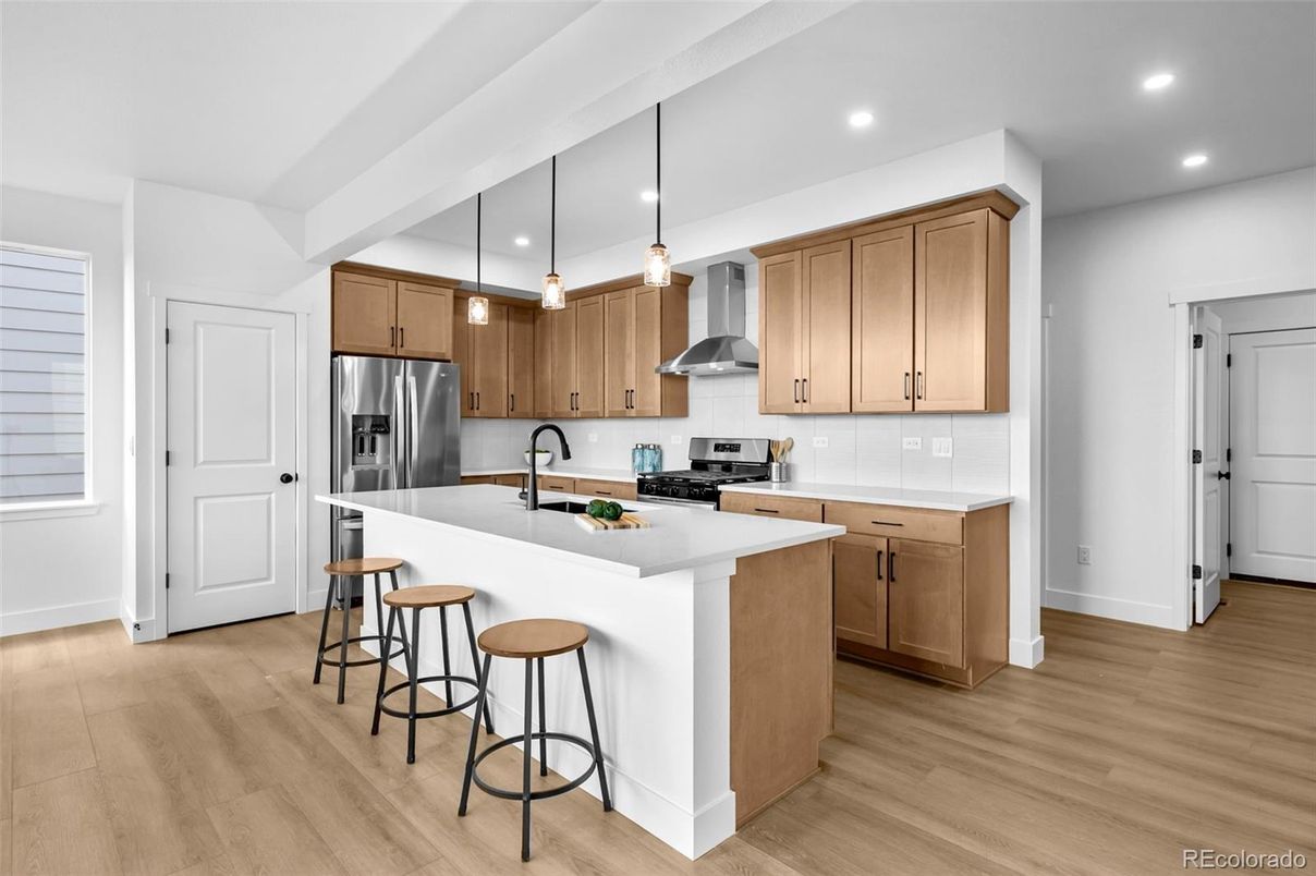 Interior, Kitchen, Pendant Lights, Recessed Lighting, Stainless Steel Appliances, Wood Texture Flooring