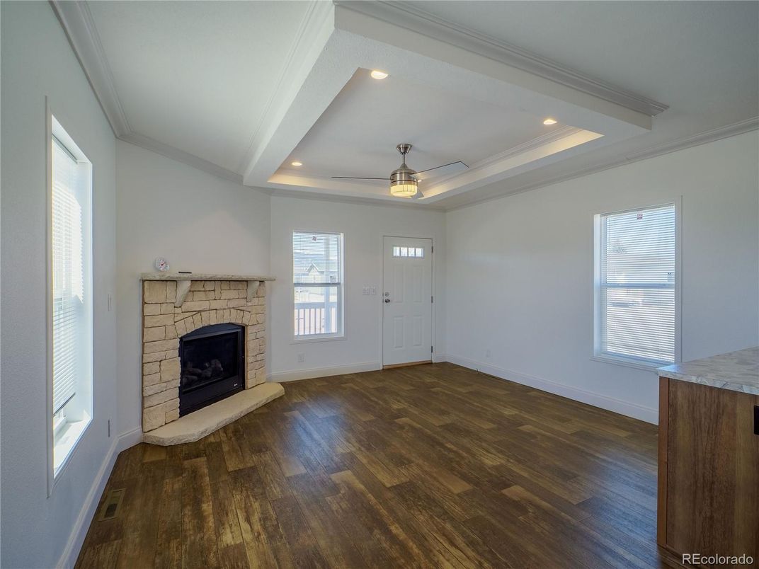 Empty room, Fireplace, Interior, Recessed Lighting, Wood Texture Flooring