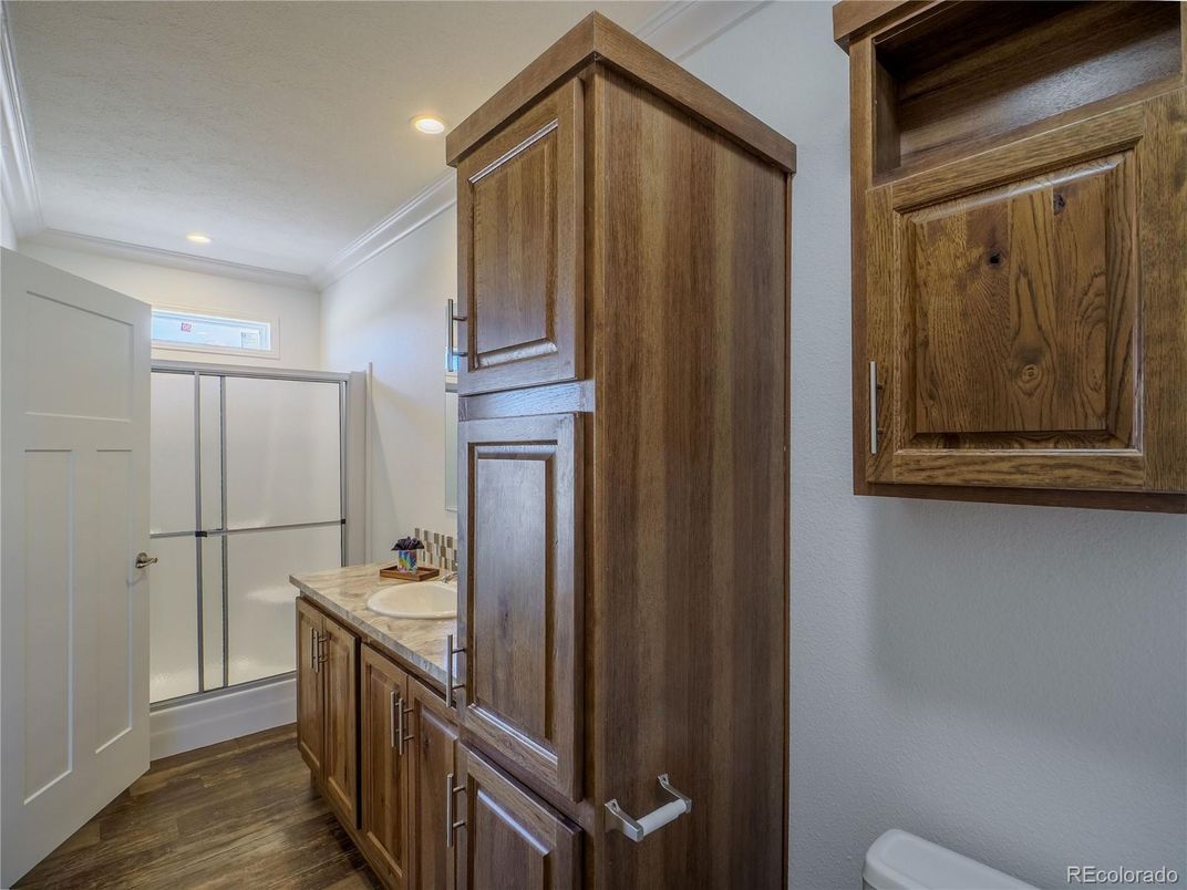 Bathroom, Interior, Recessed Lighting, Wood Texture Flooring