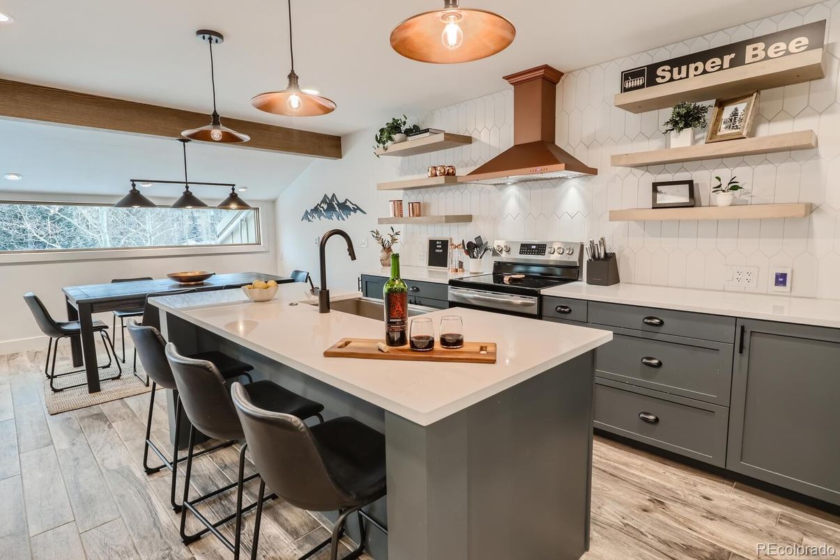 Interior, Kitchen, Pendant Lights, Recessed Lighting, Stainless Steel Appliances, Wooden Beams, Wood Texture Flooring