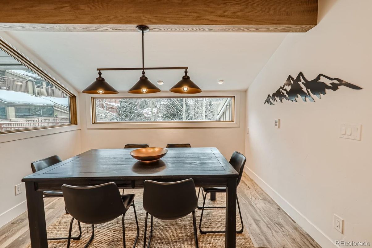 Dining room, Interior, Pendant Lights, Wood Texture Flooring