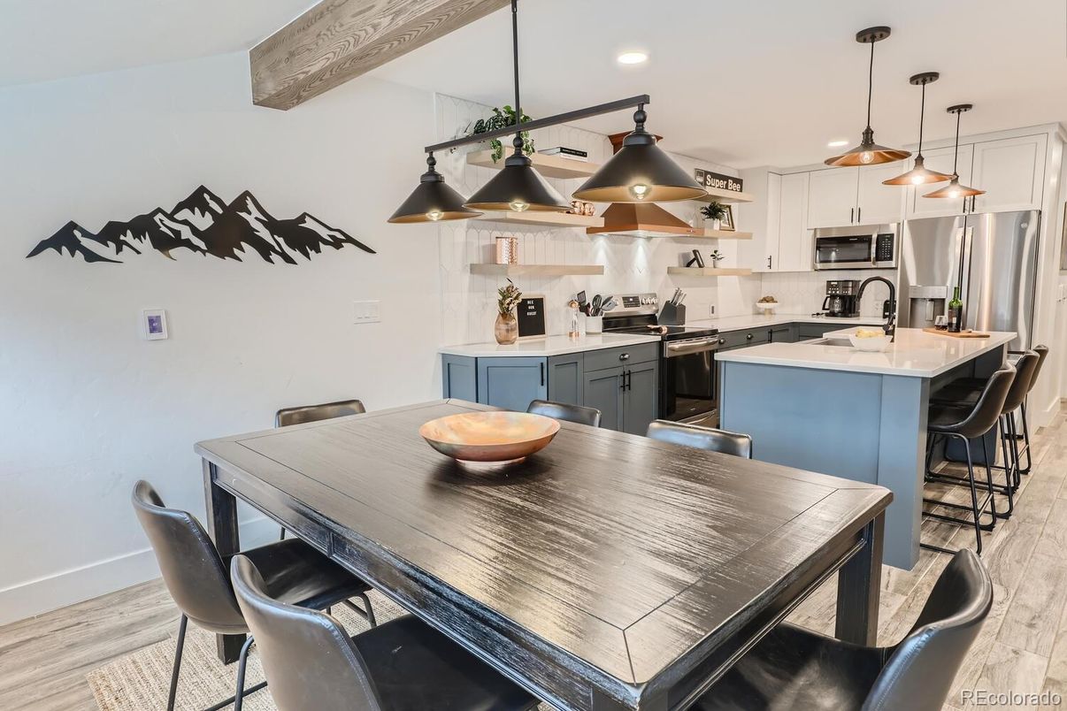 Interior, Kitchen, Pendant Lights, Recessed Lighting, Stainless Steel Appliances, Wooden Beams, Wood Texture Flooring