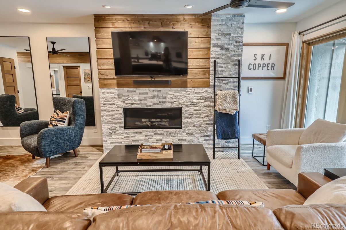 Fireplace, Interior, Living room, Recessed Lighting, Wood Texture Flooring, Wooden Walls