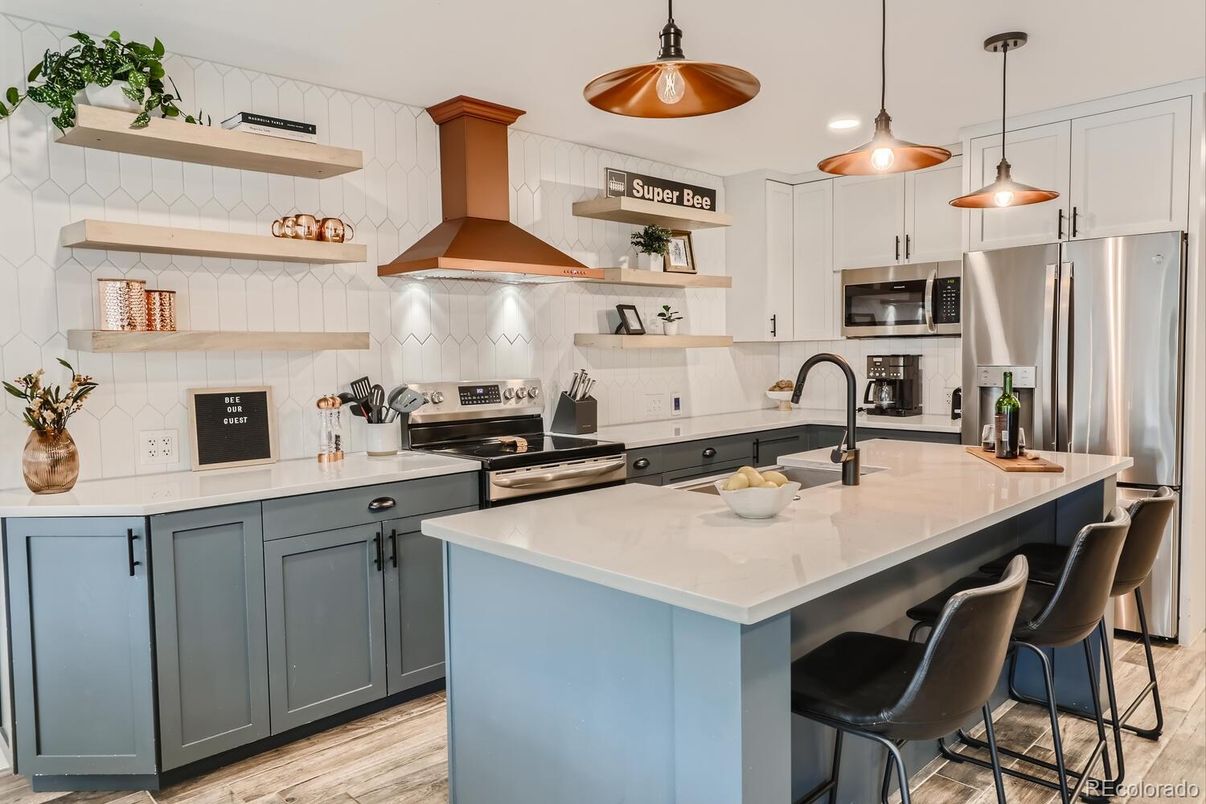 Interior, Kitchen, Pendant Lights, Recessed Lighting, Stainless Steel Appliances, Wood Texture Flooring
