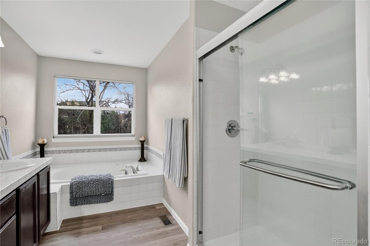 Bathroom, Glass Shower, Interior, Recessed Lighting, Wood Texture Flooring