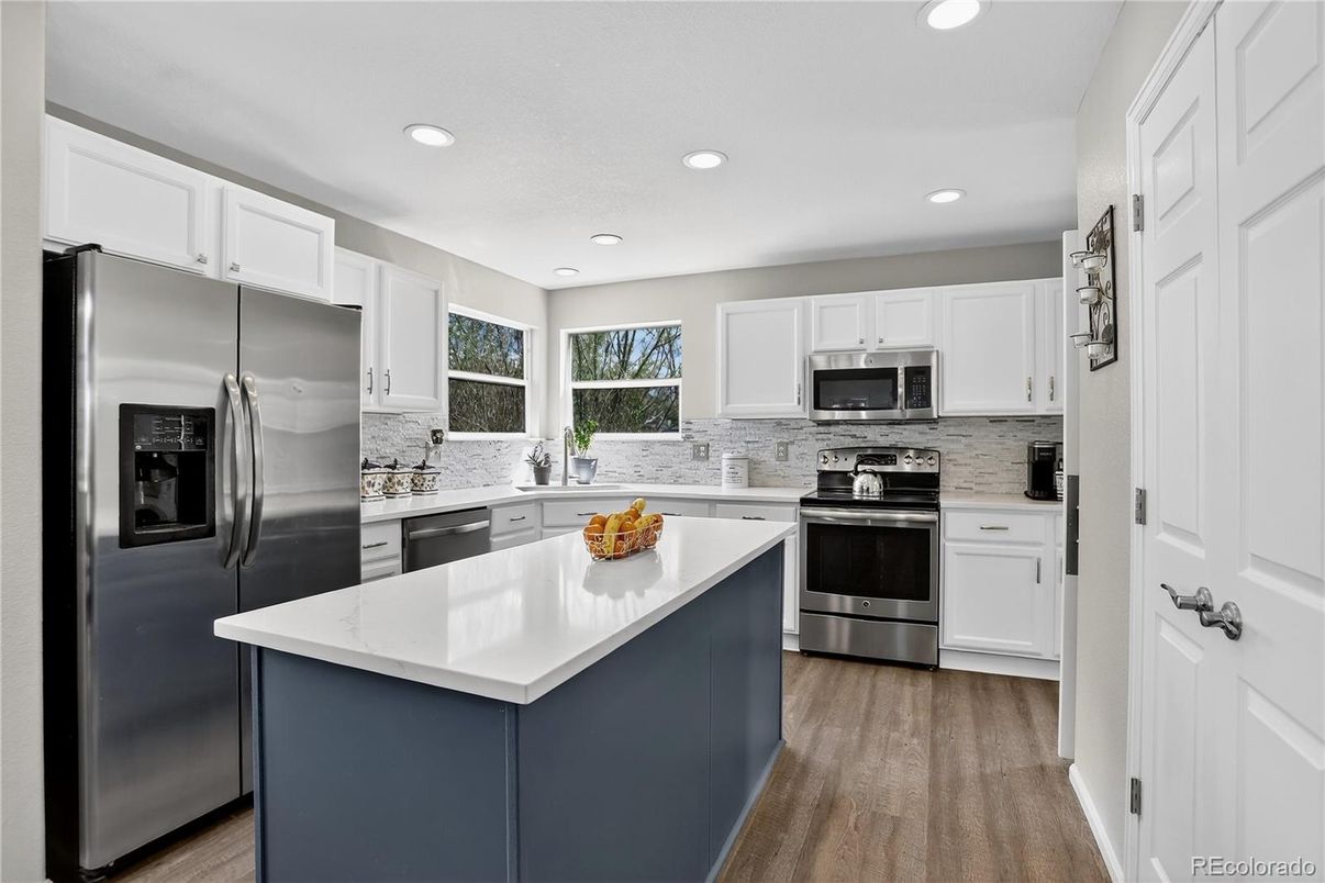 Interior, Kitchen, Recessed Lighting, Stainless Steel Appliances, Wood Texture Flooring