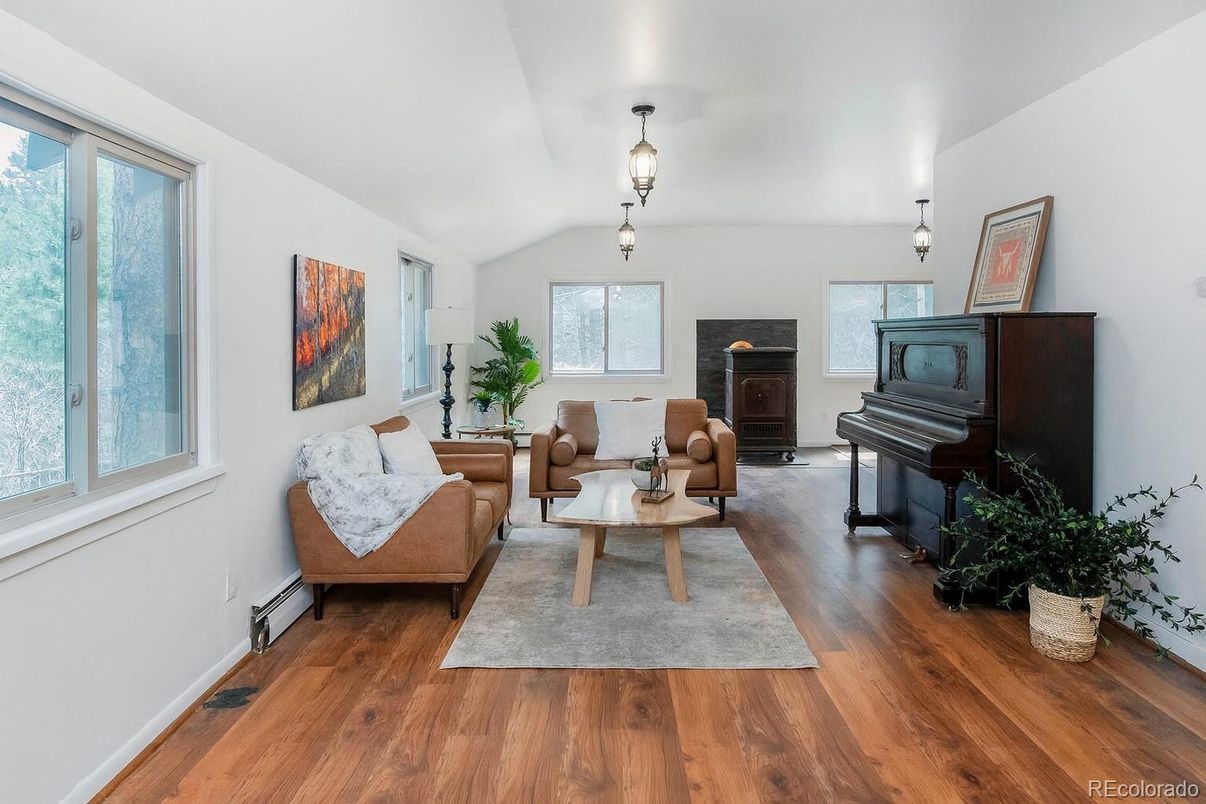 Fireplace, Interior, Living room, Pendant Lights, Piano, Wood Texture Flooring