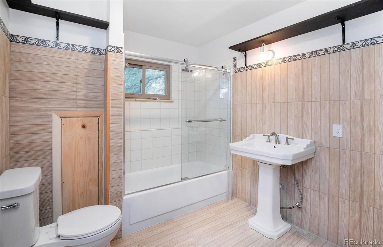 Bathroom, Glass Shower, Interior, Wood Texture Flooring