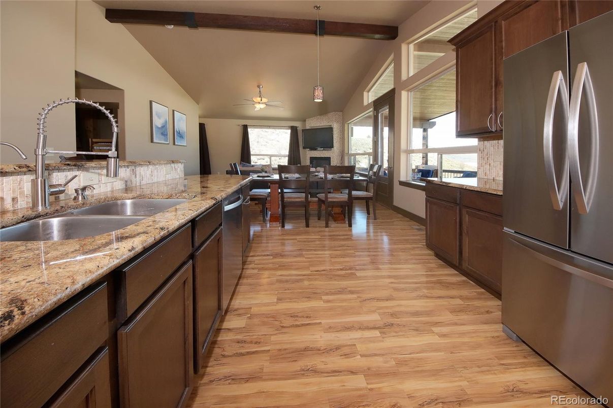 Dining room, Interior, Kitchen, Pendant Lights, Wooden Beams, Wood Texture Flooring