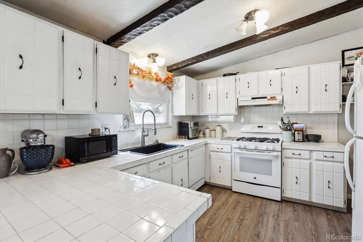 Interior, Kitchen, Tile Countertops, Wooden Beams, Wood Texture Flooring