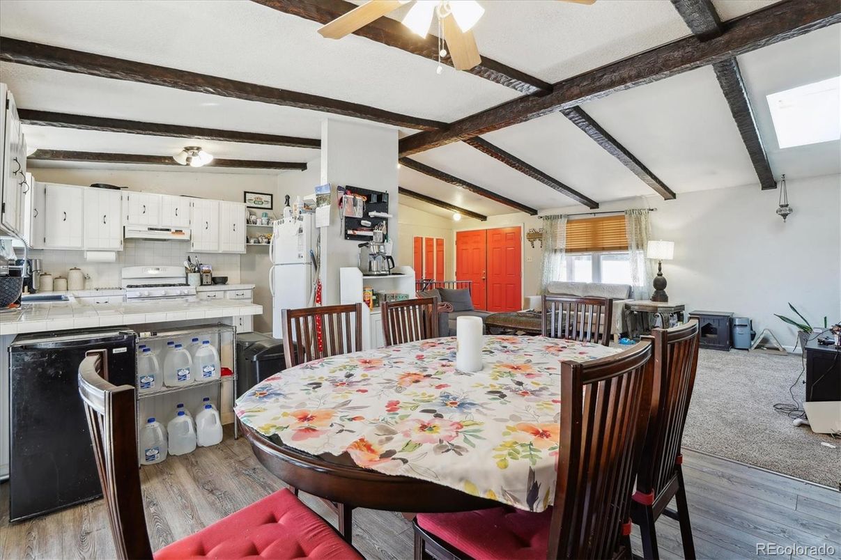 Dining room, Interior, Kitchen, Stainless Steel Appliances, Wooden Beams, Wood Texture Flooring