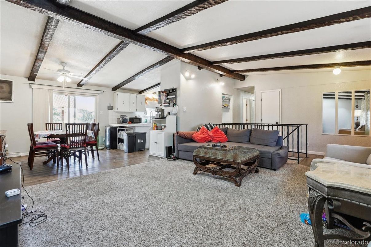 Dining room, Interior, Kitchen, Living room, Wooden Beams, Wood Texture Flooring