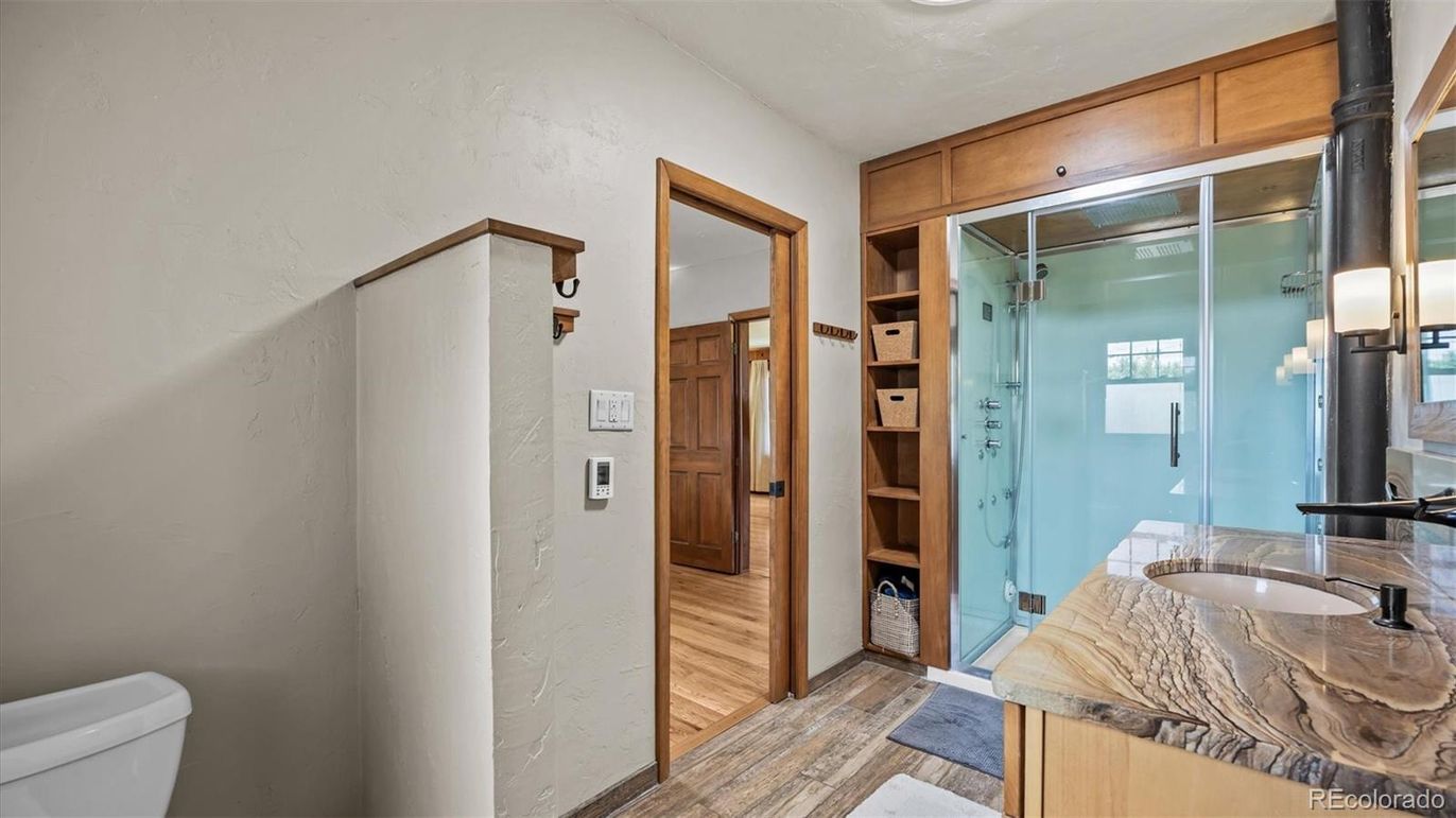 Bathroom, Glass Shower, Interior, Wood Texture Flooring
