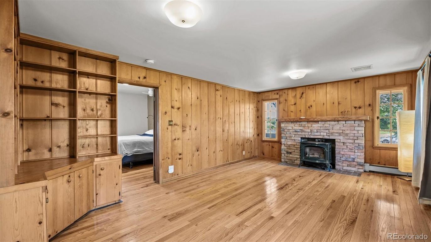 Bedroom, Fireplace, Interior, Wood Texture Flooring, Wooden Walls