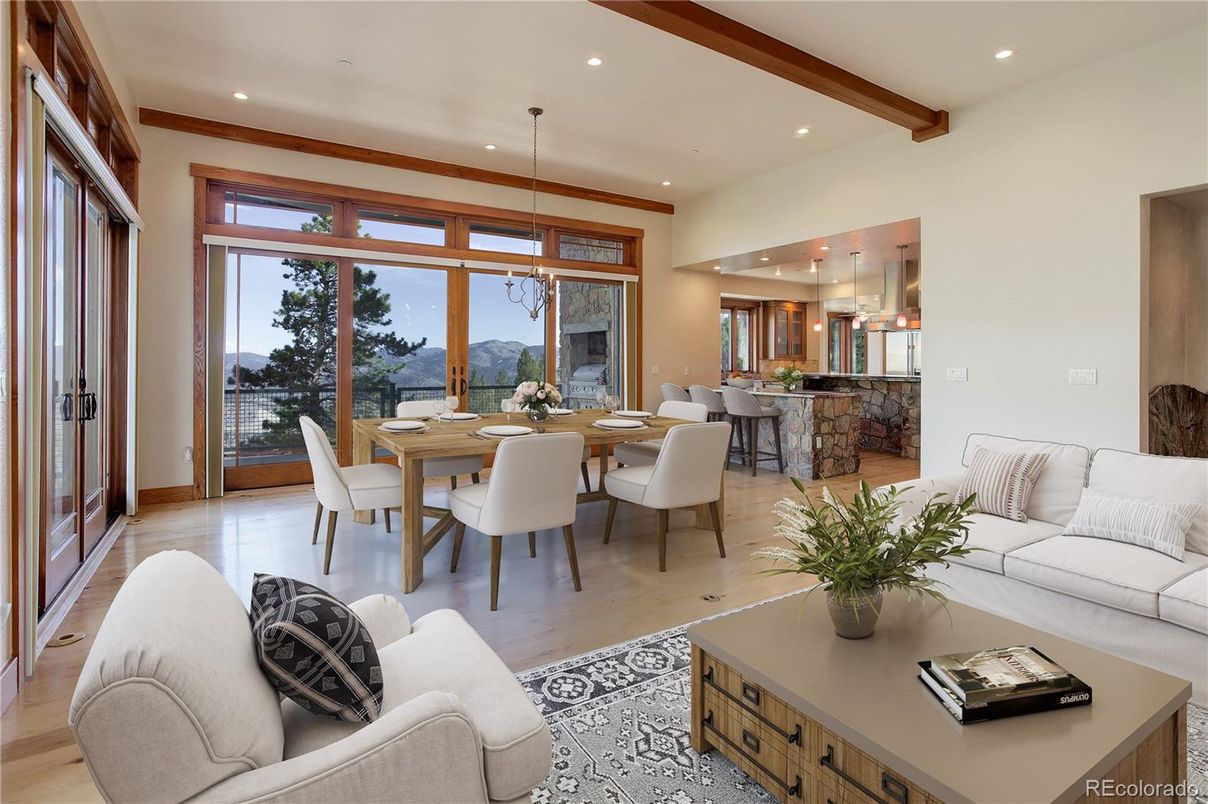 Dining room, Interior, Living room, Pendant Lights, Recessed Lighting, Wooden Beams
