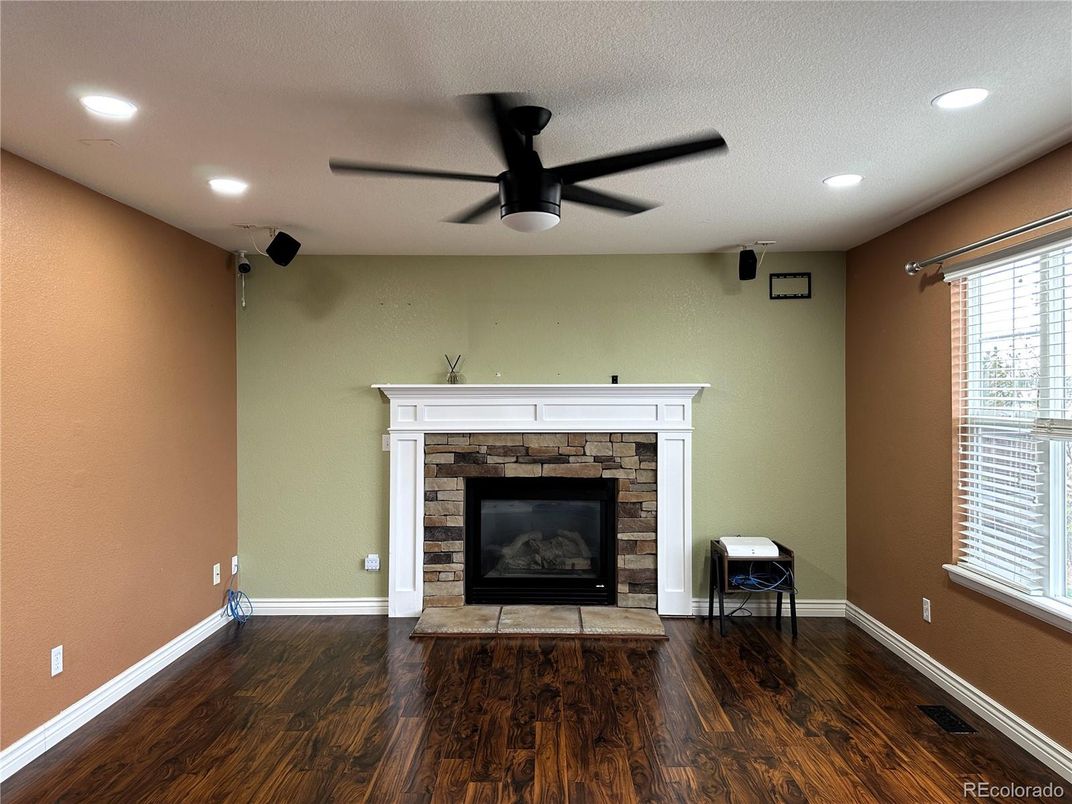 Empty room, Fireplace, Interior, Recessed Lighting, Wood Texture Flooring