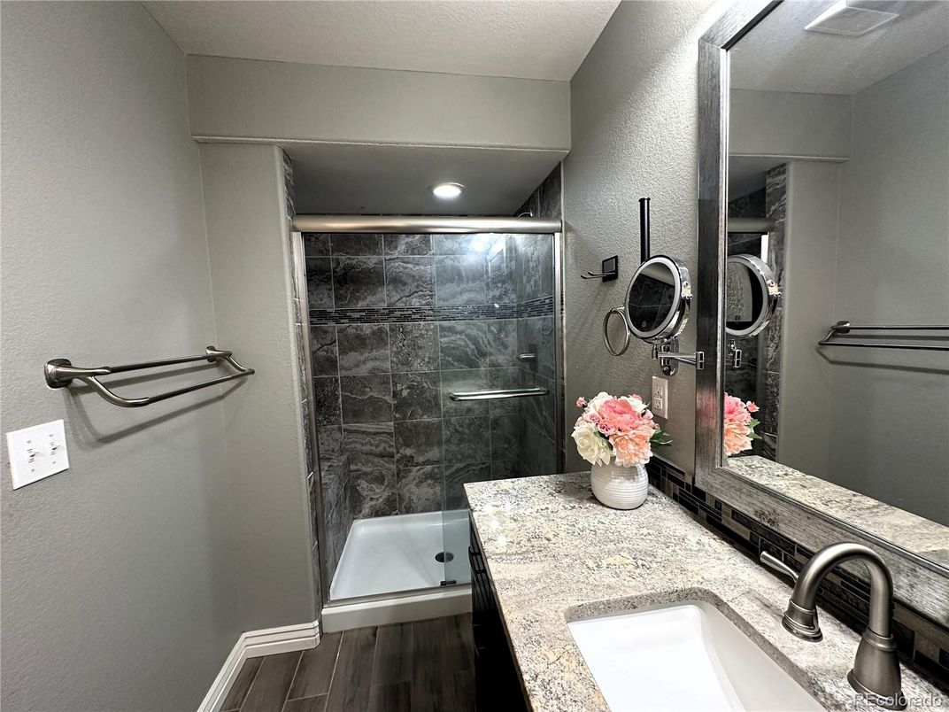 Bathroom, Glass Shower, Interior, Recessed Lighting, Wood Texture Flooring