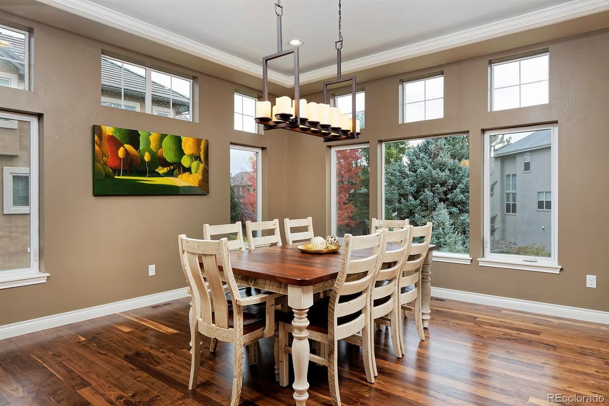 Chandelier, Dining room, Interior, Pendant Lights, Recessed Lighting, Wood Texture Flooring