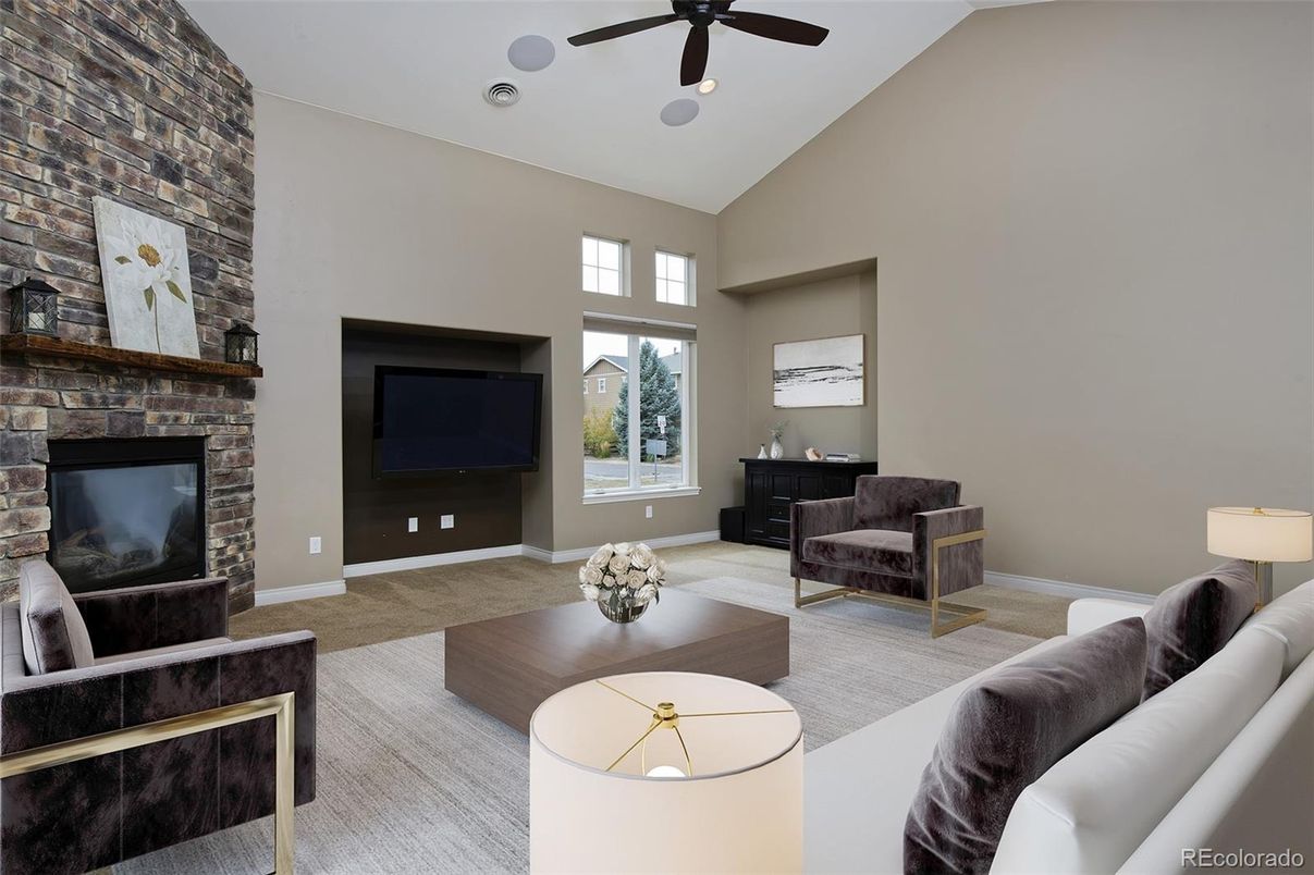 Fireplace, Interior, Living room, Recessed Lighting, Stone Walls