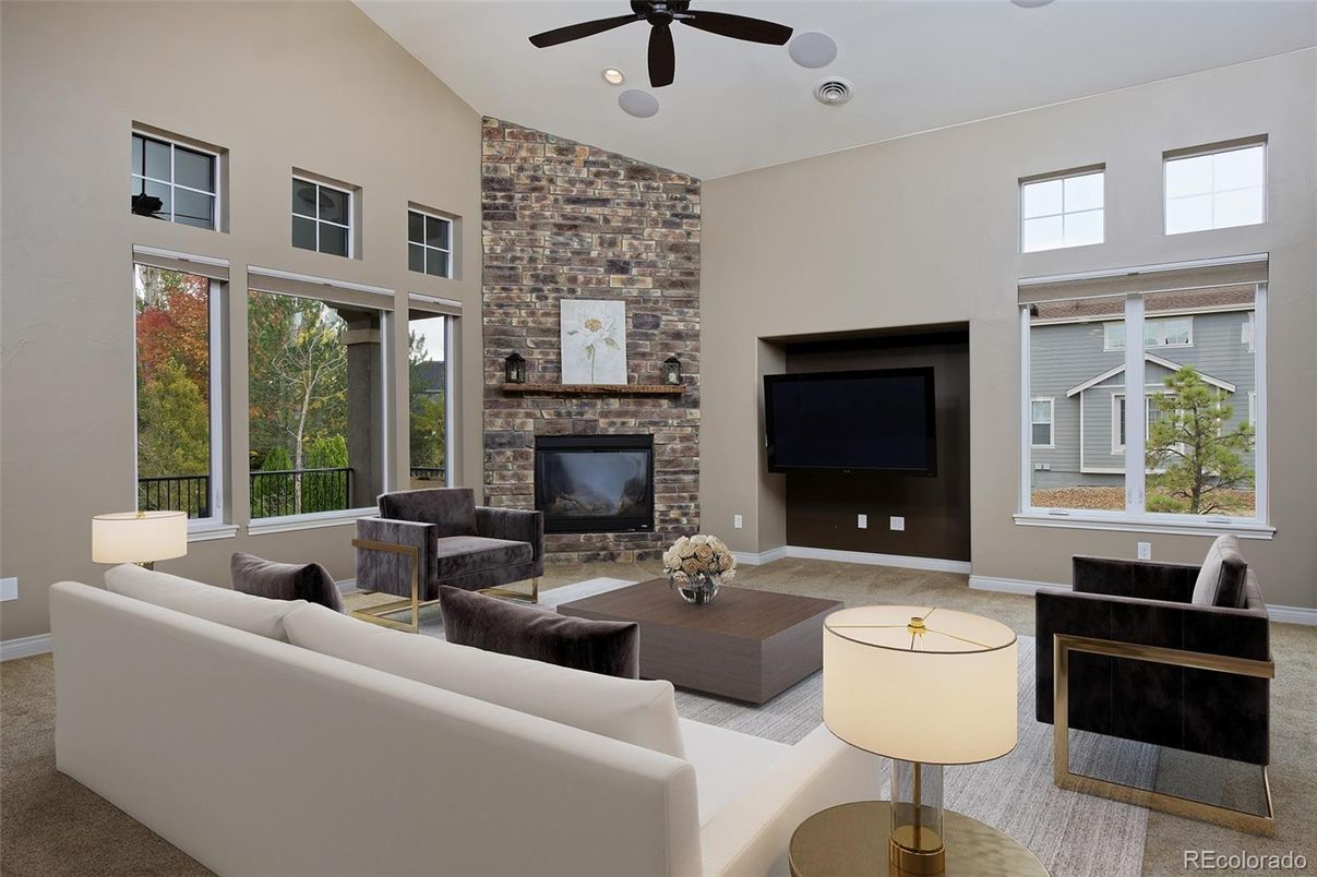 Fireplace, Interior, Living room, Recessed Lighting, Stone Walls