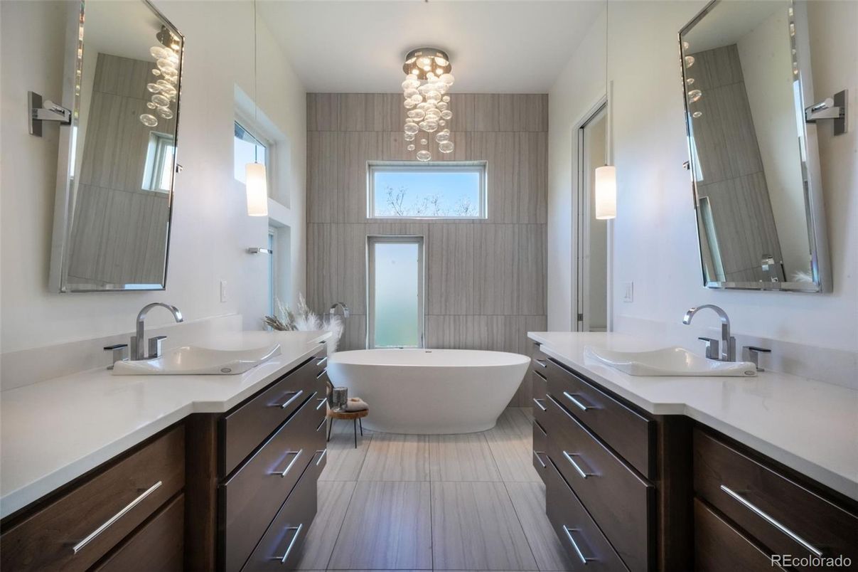 Bathroom, Dual Sink Vanities, Free Standing Baths, Interior, Pendant Lights