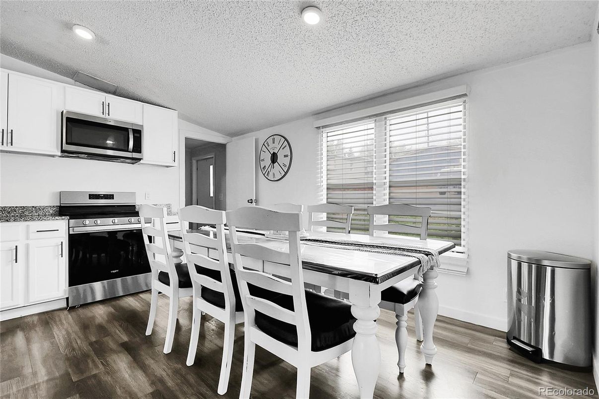 Dining room, Interior, Kitchen, Recessed Lighting, Stainless Steel Appliances, Wood Texture Flooring