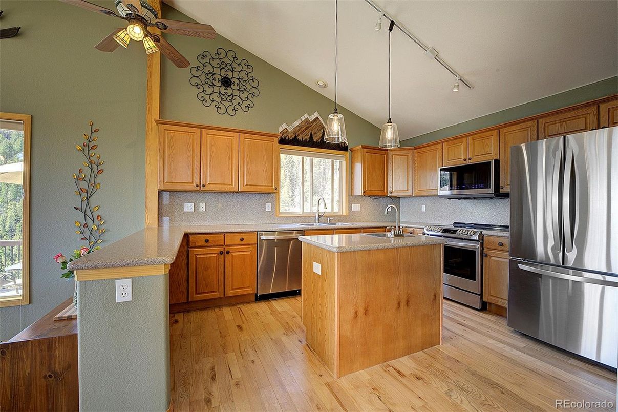 Interior, Kitchen, Pendant Lights, Stainless Steel Appliances, Wood Texture Flooring