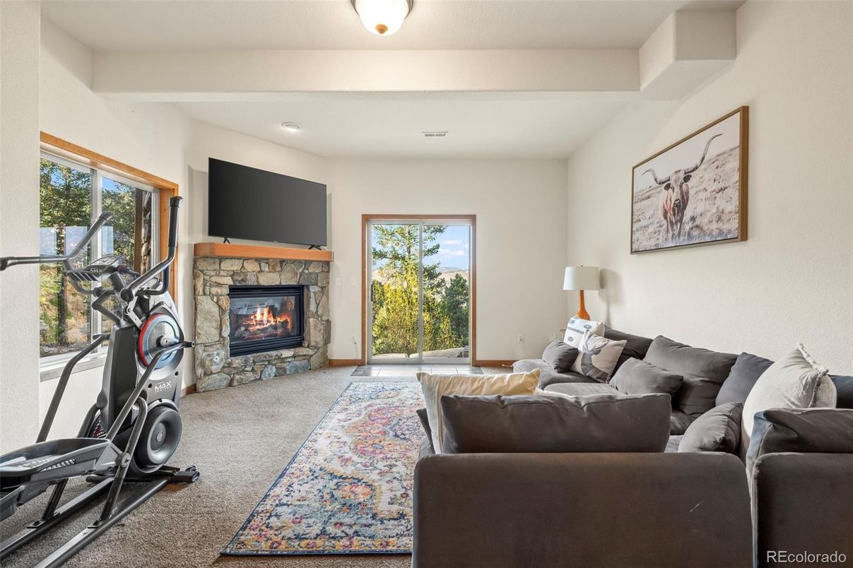 Fireplace, Fitness Equipment, Interior, Living room, Recessed Lighting