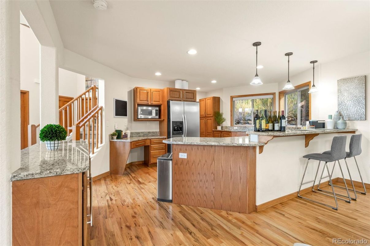 Interior, Kitchen, Pendant Lights, Recessed Lighting, Stainless Steel Appliances, Wood Texture Flooring