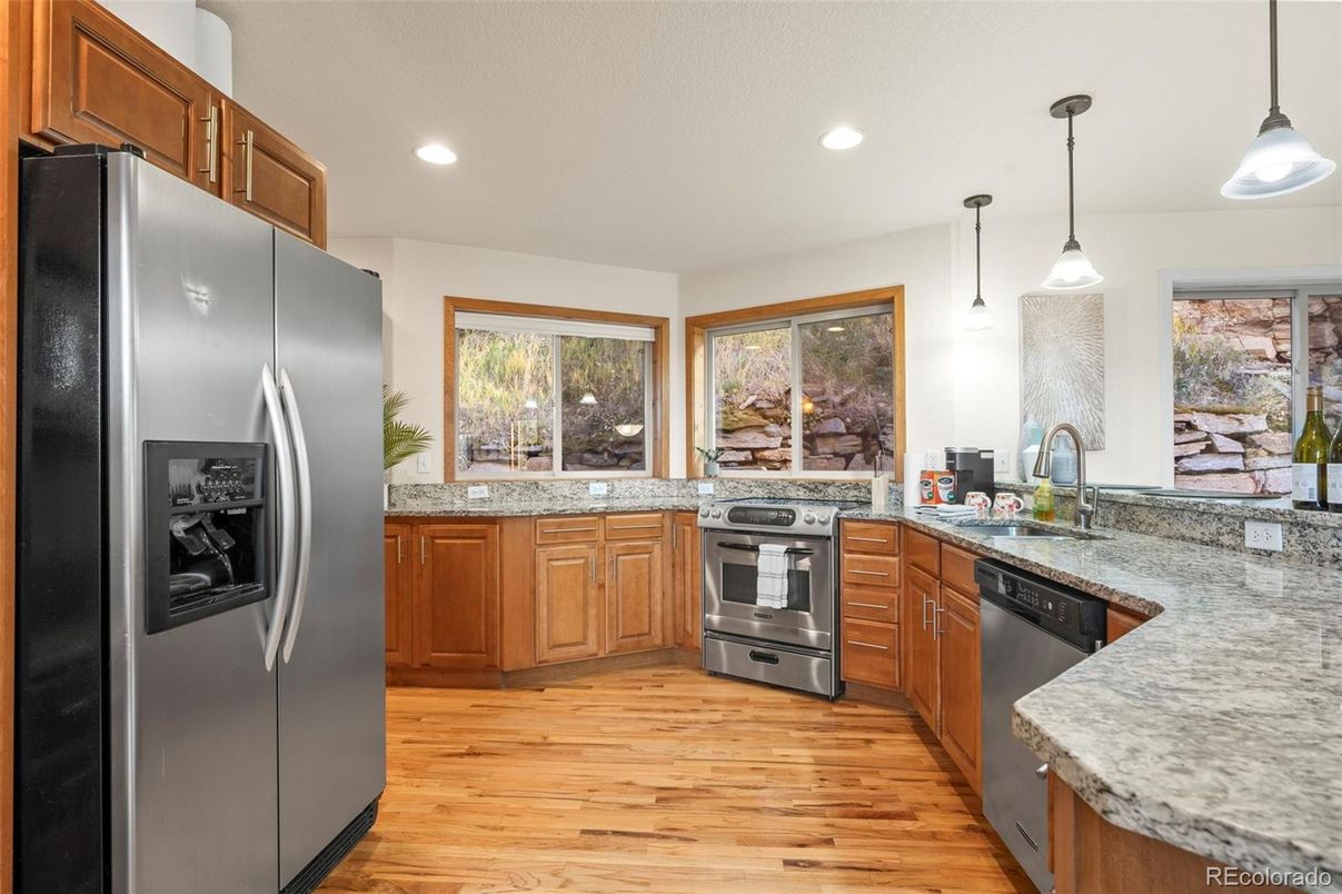 Interior, Kitchen, Pendant Lights, Recessed Lighting, Stainless Steel Appliances, Wood Texture Flooring