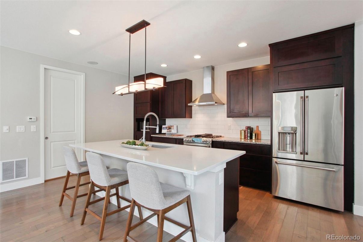 Interior, Kitchen, Pendant Lights, Recessed Lighting, Stainless Steel Appliances, Wood Texture Flooring