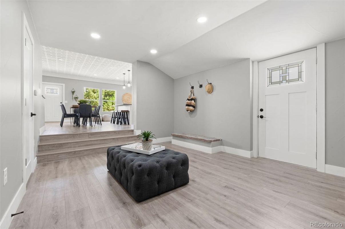 Dining room, Interior, Pendant Lights, Recessed Lighting, Wood Texture Flooring