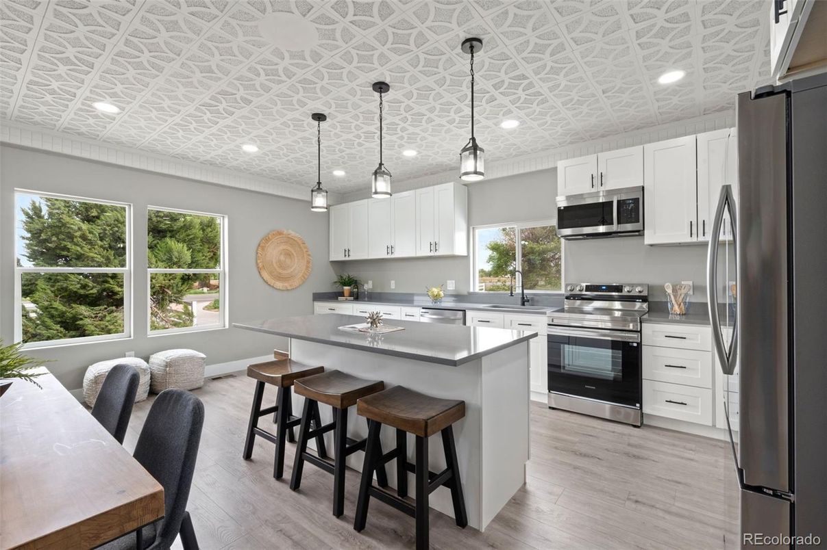 Interior, Kitchen, Pendant Lights, Recessed Lighting, Stainless Steel Appliances, Wood Texture Flooring