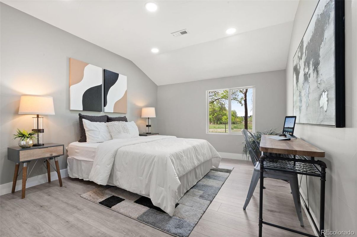 Bedroom, Home Office, Interior, Recessed Lighting, Wood Texture Flooring