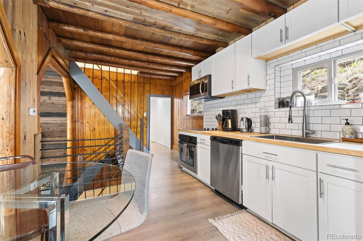 Interior, Kitchen, Stainless Steel Appliances, Wooden Beams, Wooden Ceilings, Wood Texture Flooring, Wooden Walls