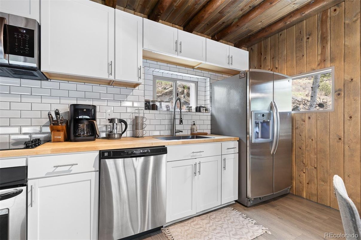 Interior, Kitchen, Stainless Steel Appliances, Wooden Beams, Wooden Ceilings, Wood Texture Flooring, Wooden Walls