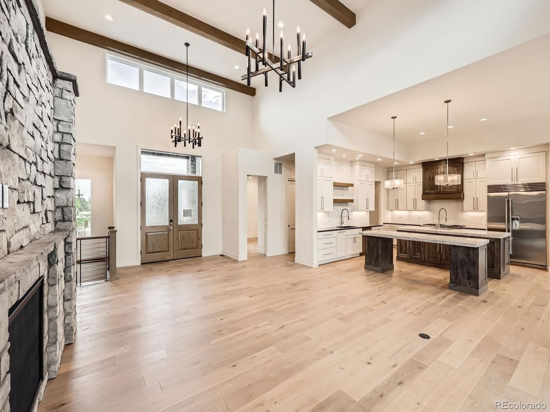 Interior, Kitchen, Pendant Lights, Recessed Lighting, Stainless Steel Appliances, Wooden Beams, Wood Texture Flooring