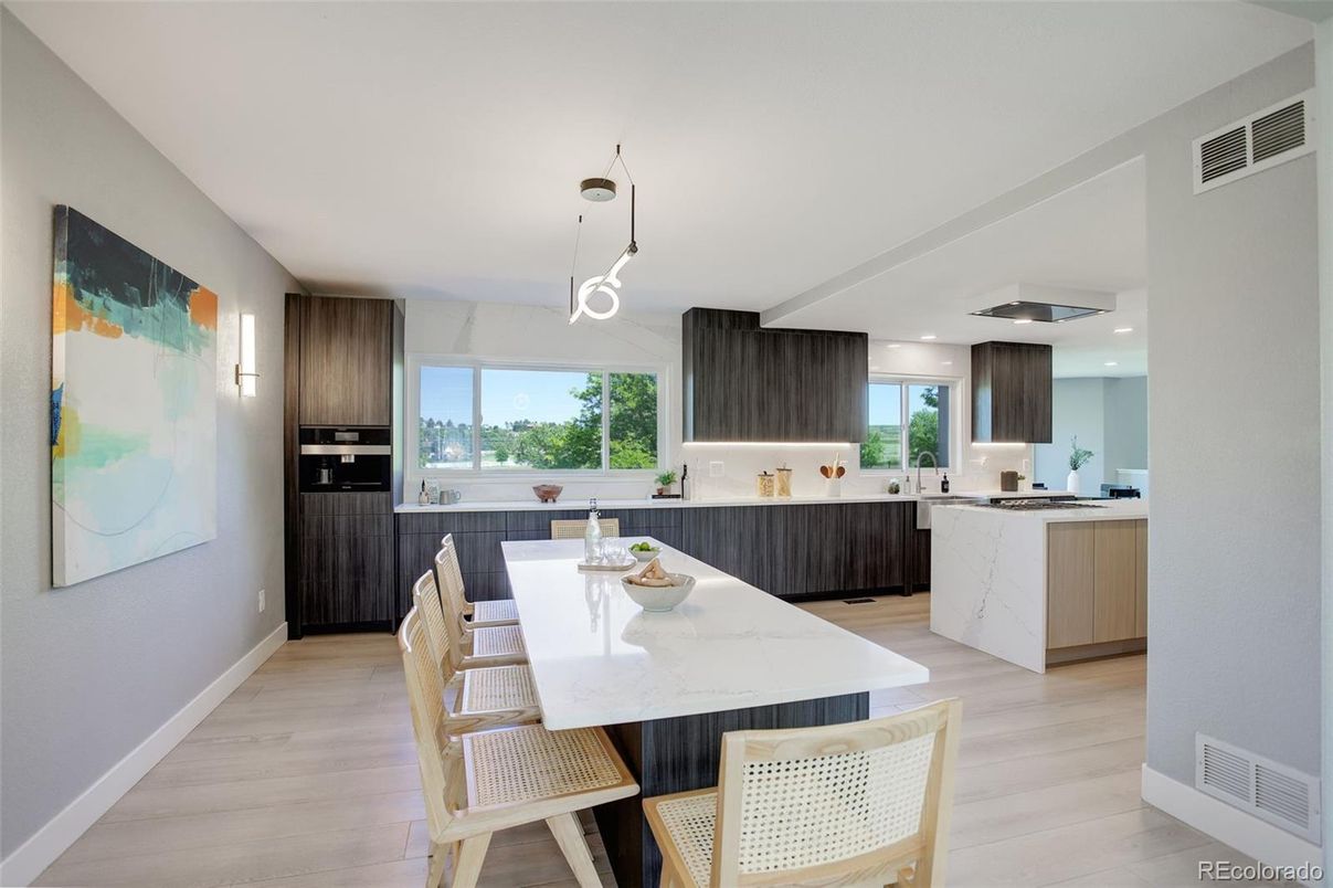 Interior, Kitchen, Pendant Lights, Recessed Lighting, Wood Texture Flooring