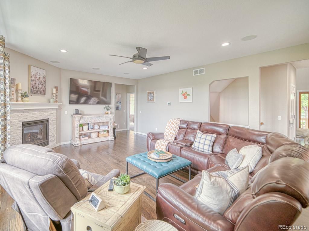 Fireplace, Interior, Living room, Recessed Lighting, Wood Texture Flooring