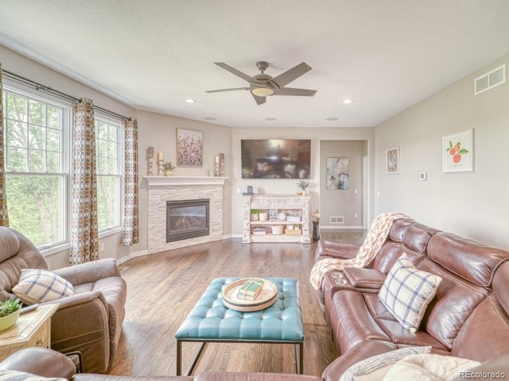 Fireplace, Interior, Living room, Recessed Lighting, Wood Texture Flooring