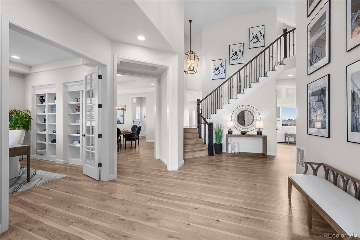 Dining room, Interior, Pendant Lights, Recessed Lighting, Wood Texture Flooring