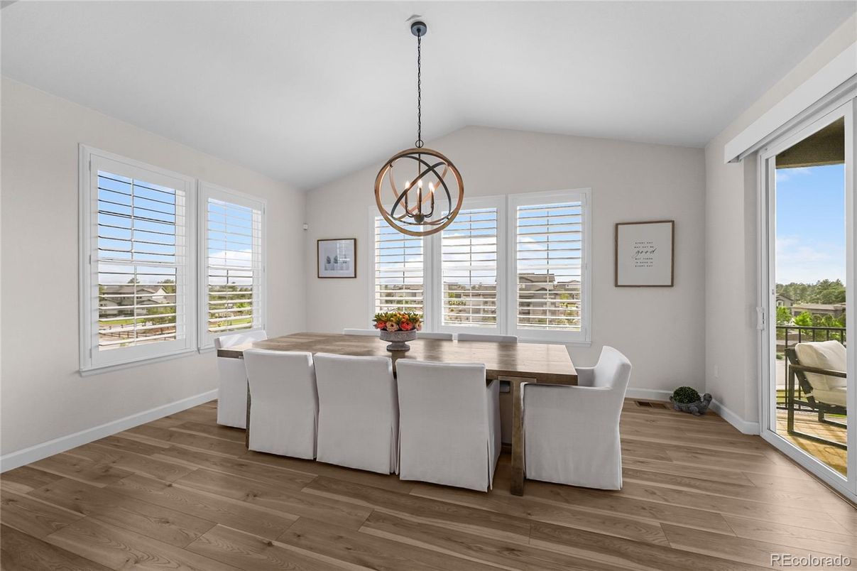 Chandelier, Dining room, Interior, Pendant Lights, Wood Texture Flooring