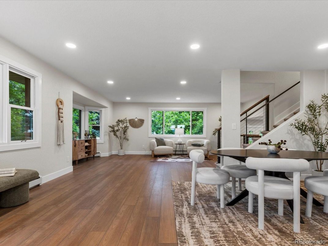 Dining room, Interior, Living room, Recessed Lighting, Wood Texture Flooring